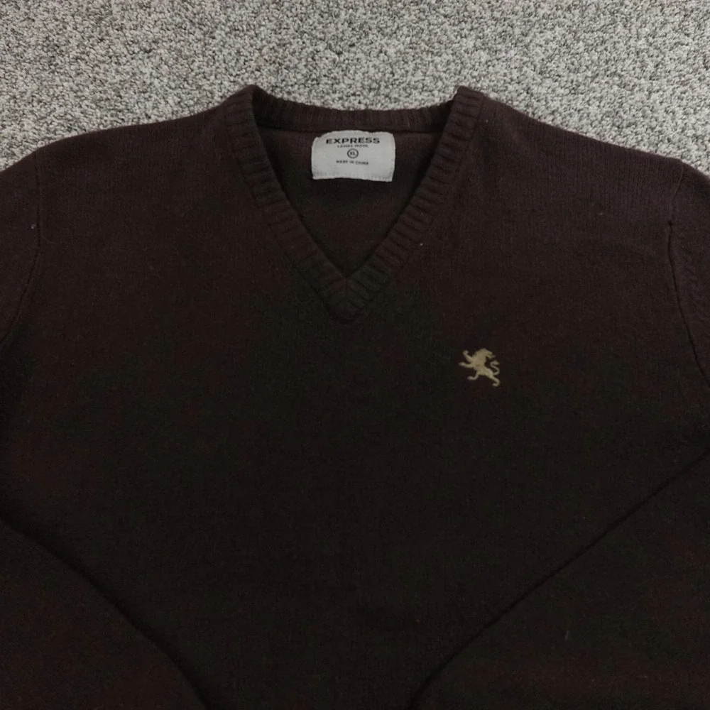 Express Sweater Mens XL Brown Lambswool V Neck Knit Pullover Cozy Warm‎ Grandpa